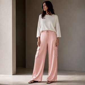 August Moon Womens M Peach Pink Silk Cargo Pants Wide Leg Y2K Tie Waist